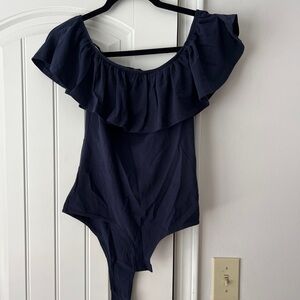 Navy blue women’s ruffle off the shoulder bodysuit